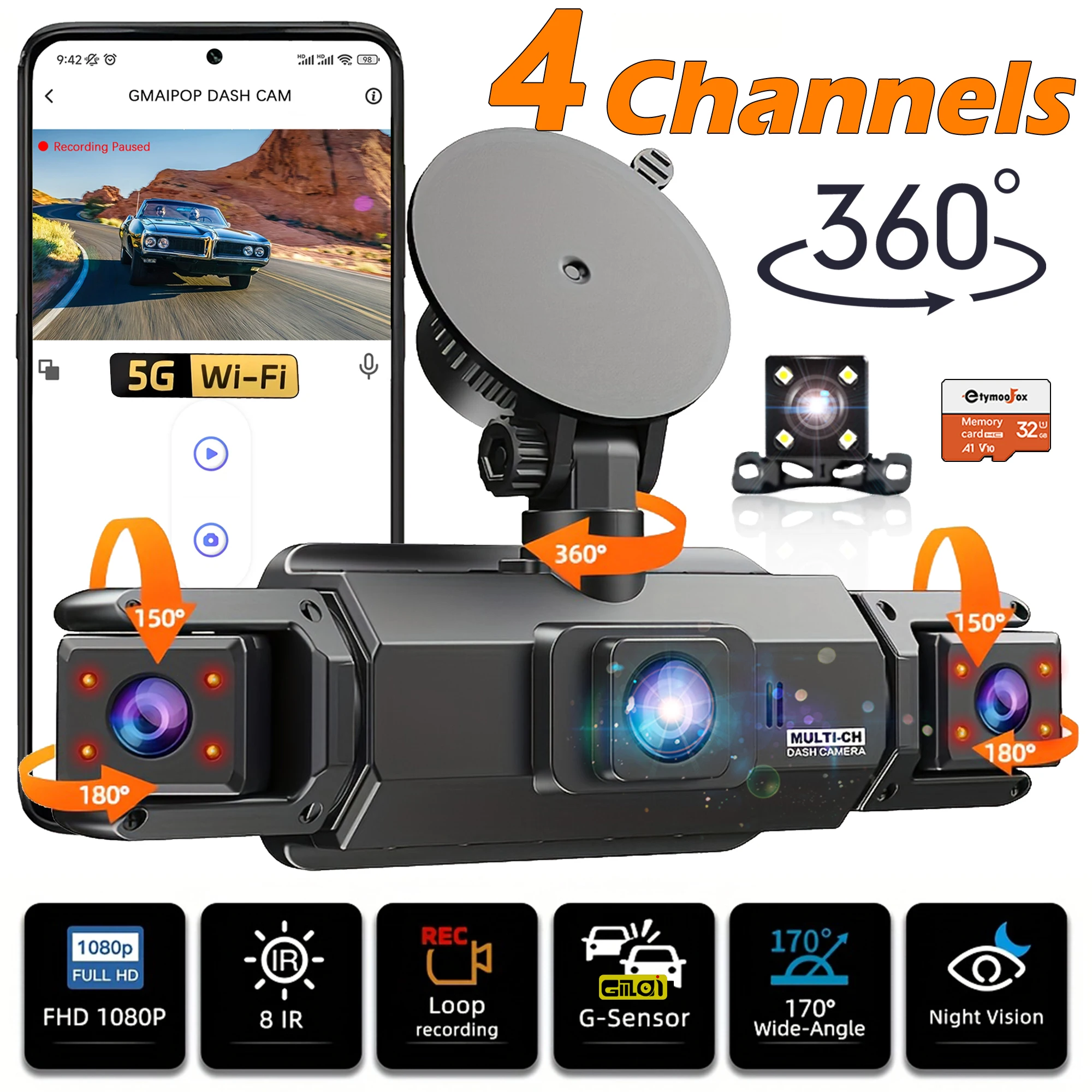 Car 4Ch Dash Cam 360° WIFI Video Recorder Car DVR Recording Camera 1080P Front Left Right Rear Black Box 24H Parking Auto Parts