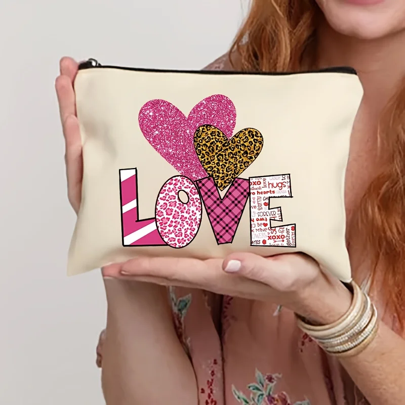 Valentine'S Day Love Print Canvas Toiletry Bag for Women, Basic Style Hand Washable Makeup Pouch with Zipper Closure, Cosmetic O