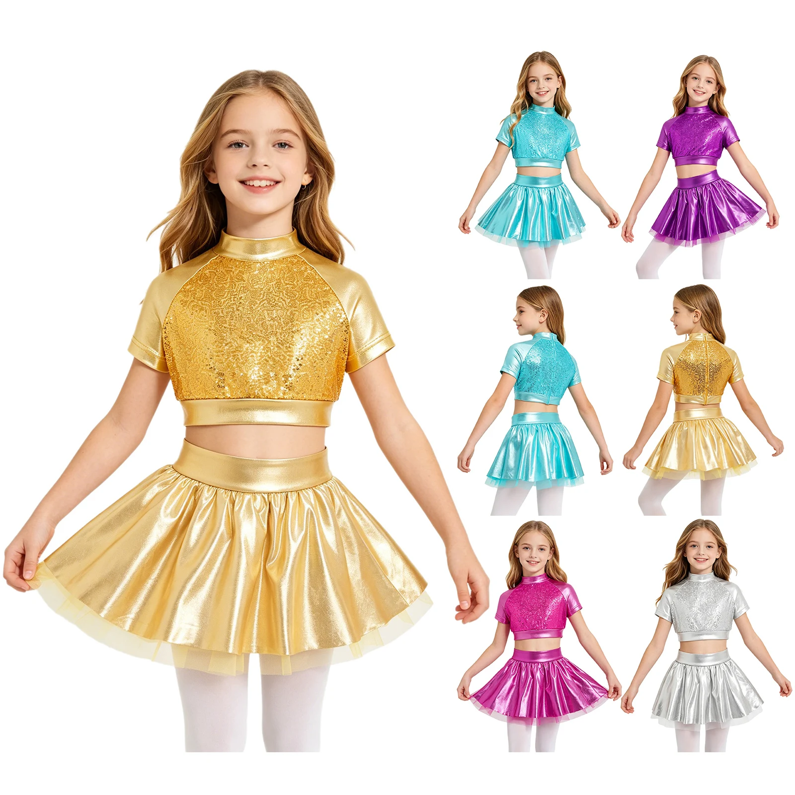 Kids Girls Sequins Metallic Crop Top with Tutu Skirt Short Sleeve Party Set Fashion Streetwear Jazz Dance Performance Outfits