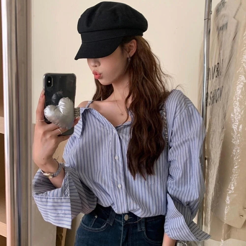 Diseño elegante primavera principios de mujer irt oulder Bared largo Sve rayas corte suelto Casual versátil Sle abotonada Ne