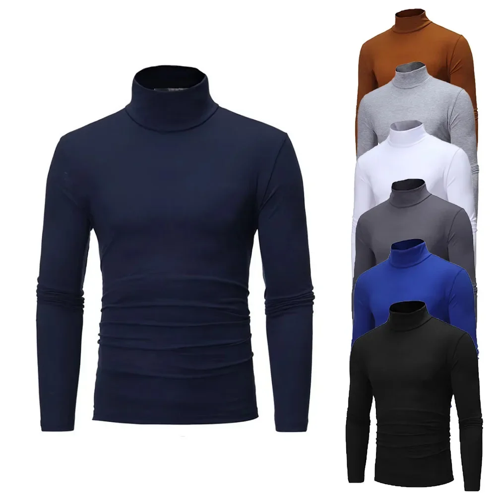 Herbst Frühling männer Bodenbildung Rollkragen Tops Slim Fit Hohe Elastische Pullover Einfarbig Stretchy Tees Grundlegende Männliche Kostüm
