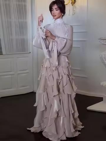 Women's Party Dresses Fashion High Waist Pleat Lady Casual High Collar Layered Banquet Dress Elegant Long Sleeve Evening Dress