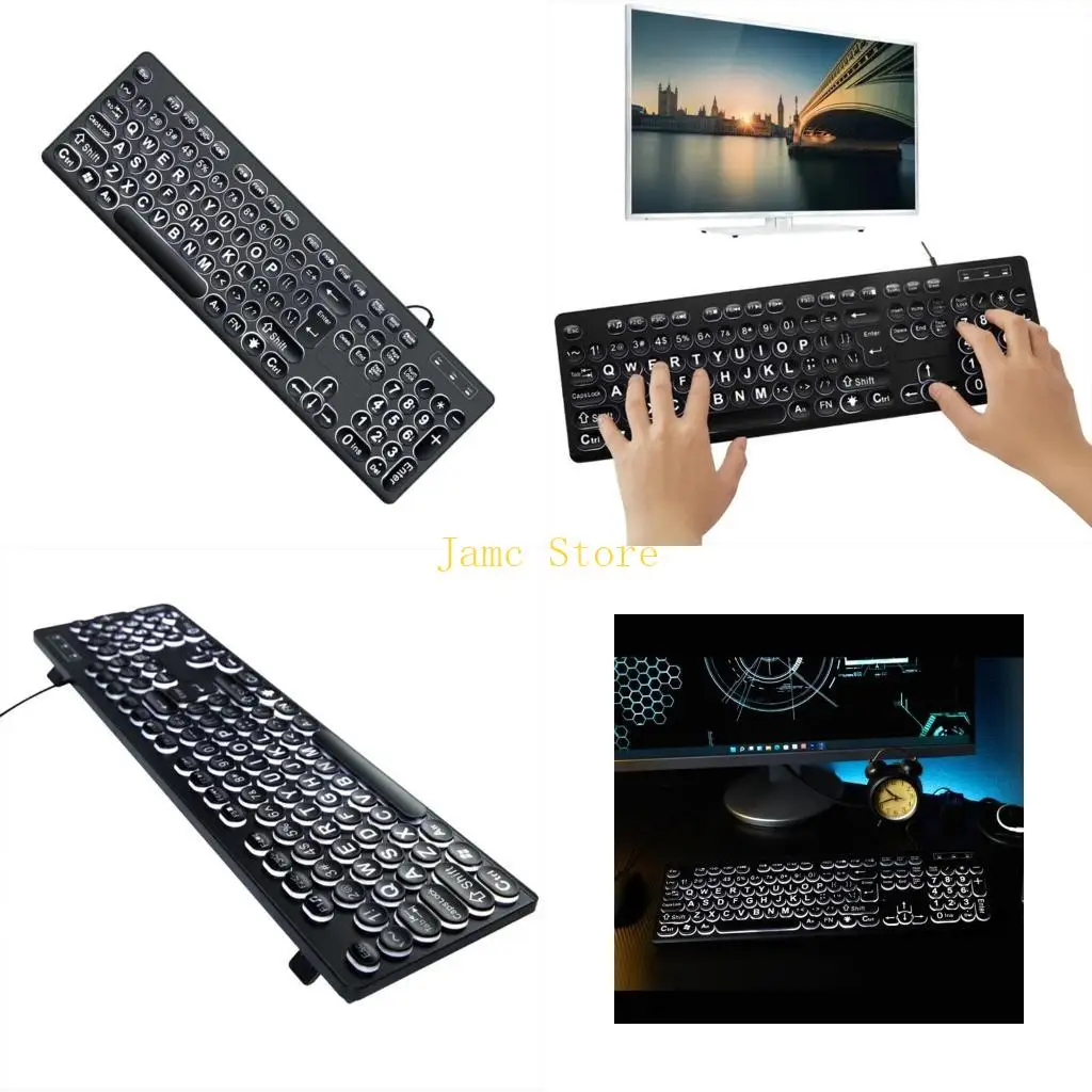 

LX0B LED White Backlit Illuminated Large Print Letter USB Cord 104Keys for Desktop