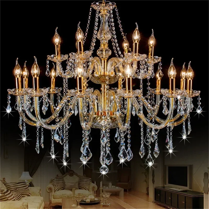 ASHER Modern Chandelier LED Lighting Pendant Lamp Crystal Gold Candle Fixtures Indoor for Home Hotel Hall