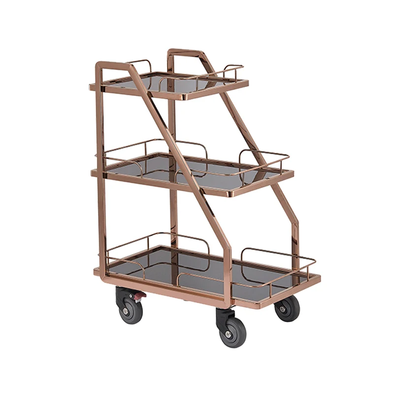 3 Tier Modern Rose Gold Bar Cart With 4 Wheels For Hotel Restaurant Home Bar Wine & Liquor Serving