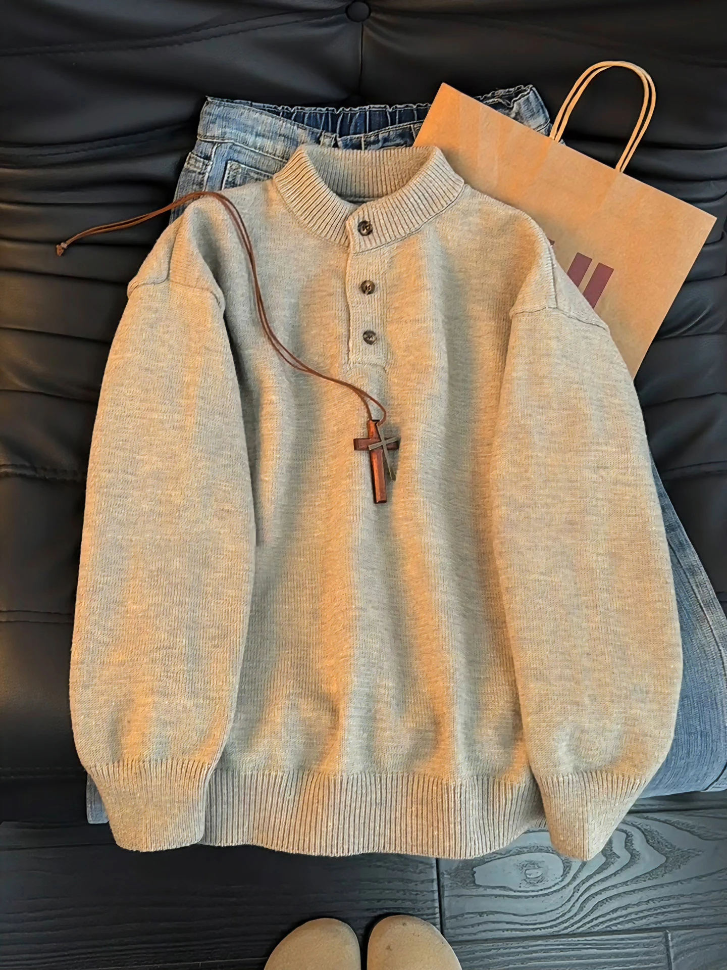 

Мужской вязаный свитер в американском стиле ретро с воротником Генри Thiened Winter Ne Base irt Regular Fit Long Sve Теплая верхняя одежда