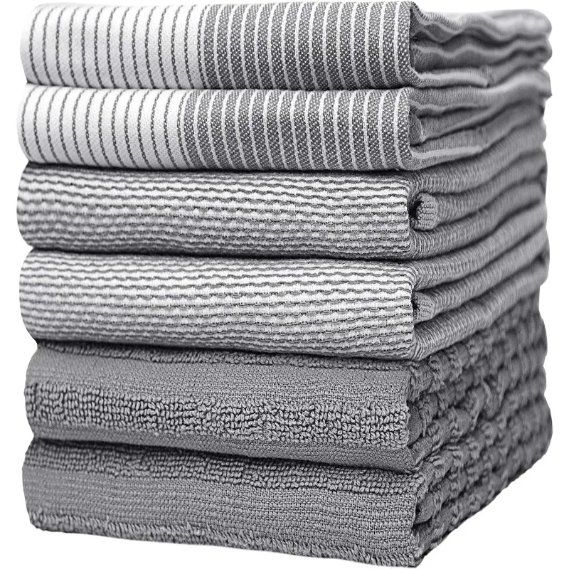 

20”x 28”, 6 Pack Large Cotton, Dish, Flat & Terry Towel Highly Absorbent Tea Towels Set with Hanging Loop Gray