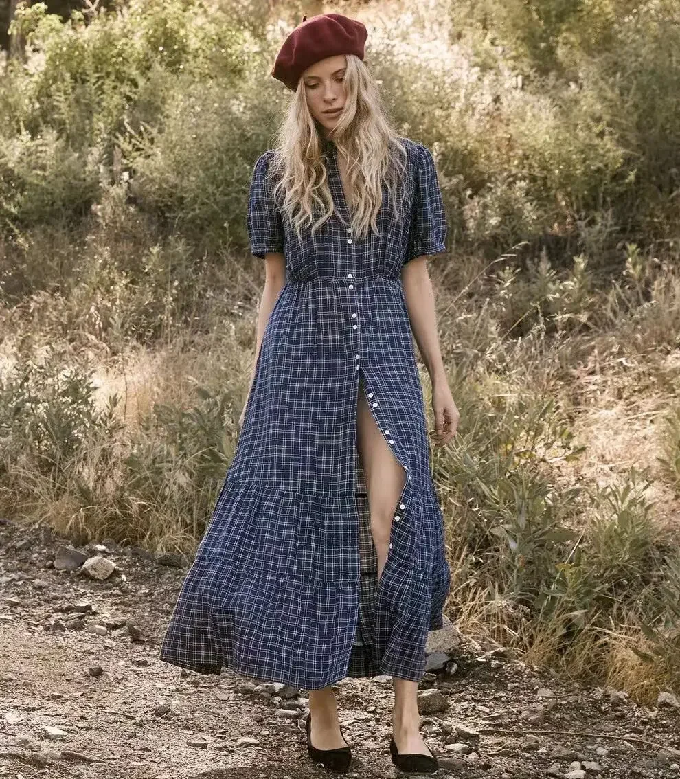 

2024 Early Spring New Countryside Style Bubble Sleeves Retro Classic Blue Checkered Long sleeved Women's Dress