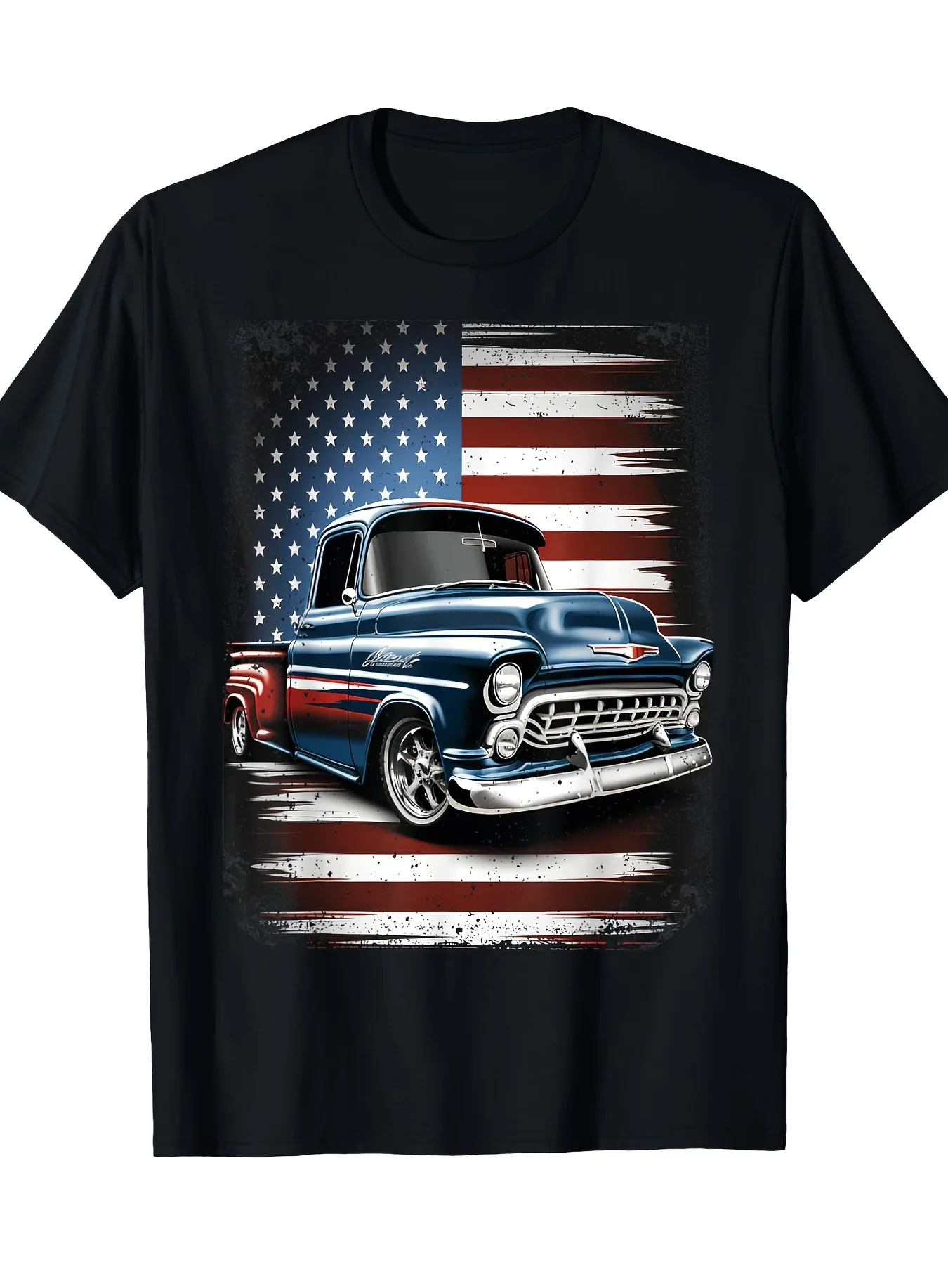 

Vintage American Flag Pickup Truck Patriotic T-Shirt 100% Cotton O-Neck Short Sleeve Summer Casual Mens T-shirt Streetwear