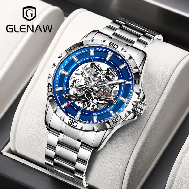 GLENAW New Pilot Series Men Watches Hollow Luxury Automatic Mechanical Watches Luminous Waterproof Stainless Steel Strap Watch