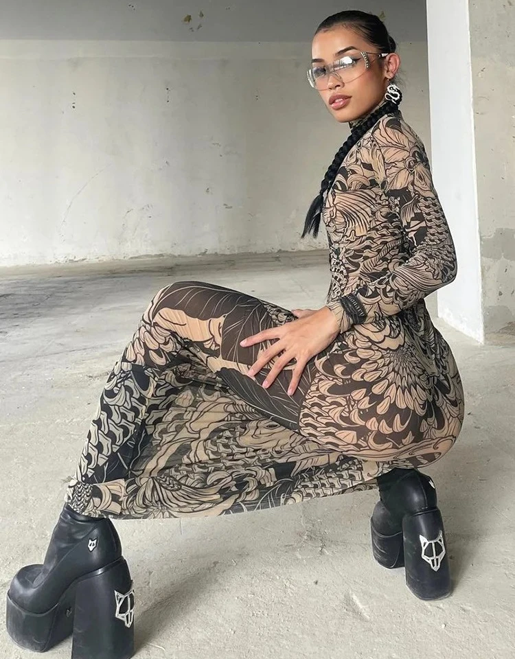 شبكة خمر طباعة فستان ماكسي المرأة مثير شير كم طويل الوقوف الرقبة رقيقة نحيل رداء الإناث الاتجاه الجديد حفلة Bodycon #2