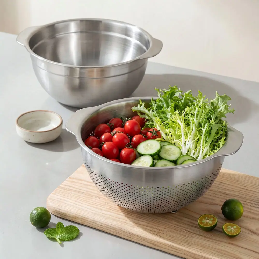 Kitchen Vegetable Fruit Washing Basket 304 Stainless Steel Colander Basin Drainer Bowl Double Side Handle Food Strainer