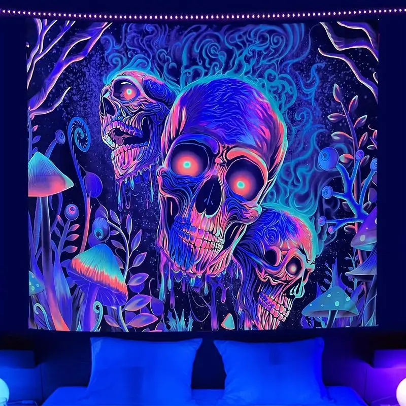 VIKAMA UV Blacklight Trippy Skull Mushroom Tapestry Psychedelic Neon Wall Hanging Glow In Dark Horror Room Dorm Decor