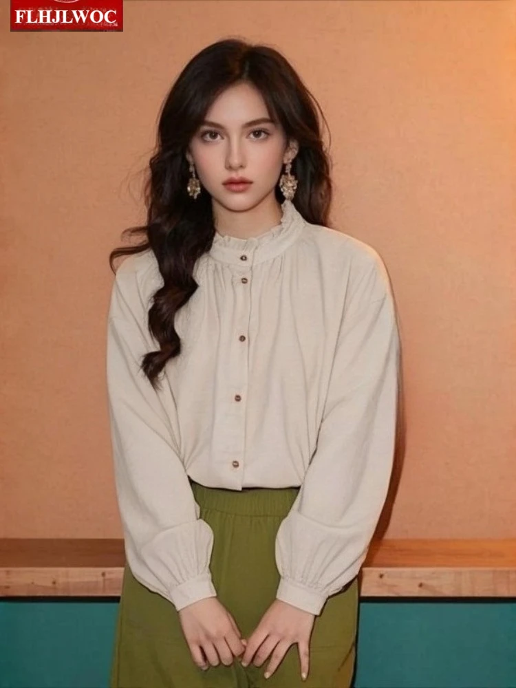 

Хлопковые топы Art Mori для девочек, блузка, осенняя базовая одежда с длинными рукавами, японский консервативный стиль, воротник-стойка, оборки, винтажные рубашки в стиле ретро