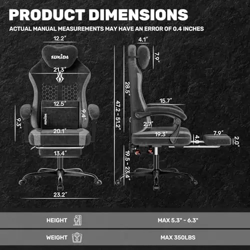 Fabric Video Gaming Chair, Ergonomic High-Back Computer Game Chairs with Large Massage Adjustable Lumbar Support view 3