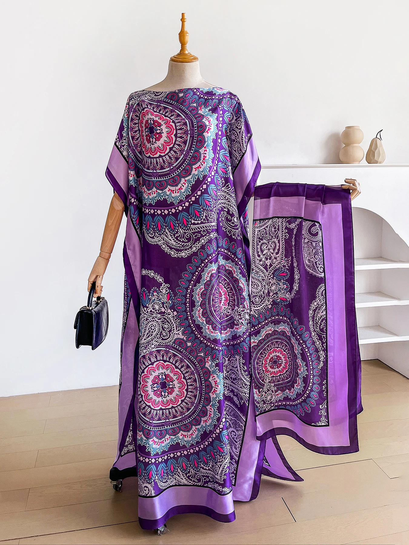 Dubai Mandala Paisley Print Abaya With Matching Scarf, Boat Neck Batwing Sleeve Loose Maxi Kaftan For African Muslim Women