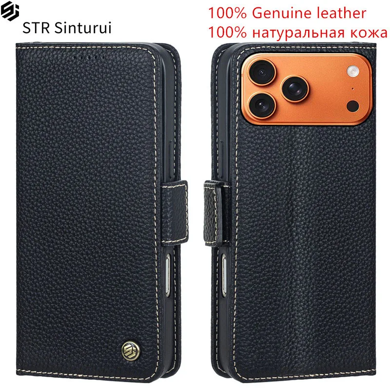 

STR 100% Genuine leather grain card Slot Wallet phone Case For iPhone Air 17 16 15 14 13 12 11 XS Pro Max 8 7 Plus Flip Cover