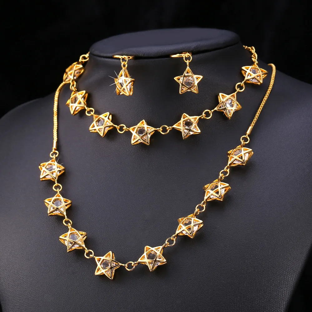 U7 Elegant Star Jewelry set For Women Wedding White Big Cubic Zirconia Gold Color Necklace Earrings Bracelet Set QC24