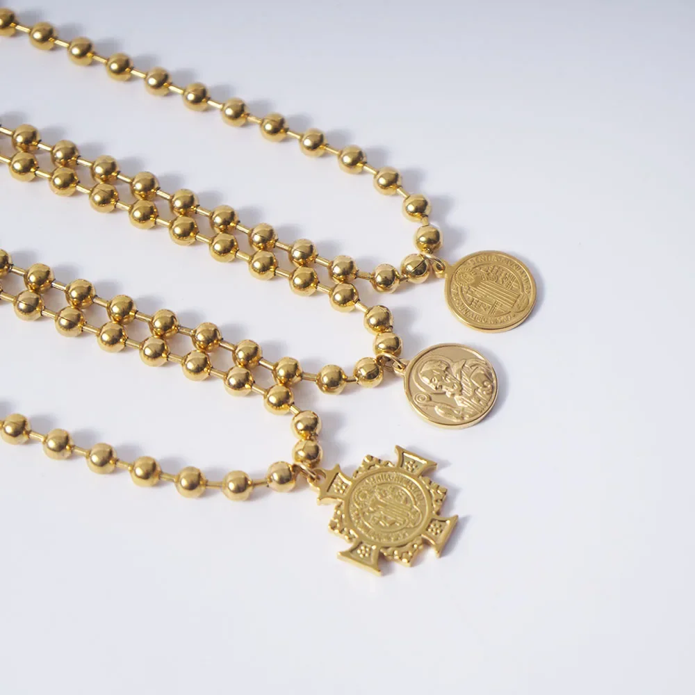 Collares cruzados de San Benito de acero inoxidable para mujer, gargantilla de cadena con cuentas de bolas de 6mm, medalla de Metal de San Benito, collar para mujer