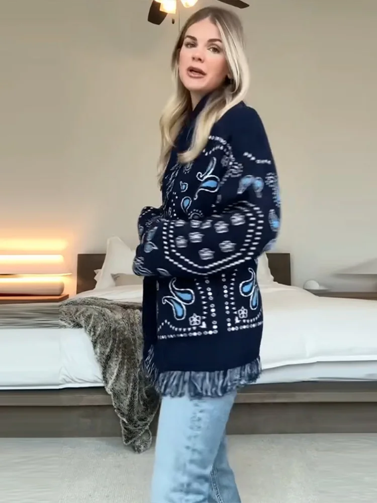 

Tassel Patchwork Printed Knitted Cardigan With Belts Women V-neck Long Sleeve Lady Sweater 2025 Autumn Casual Street Knitwear