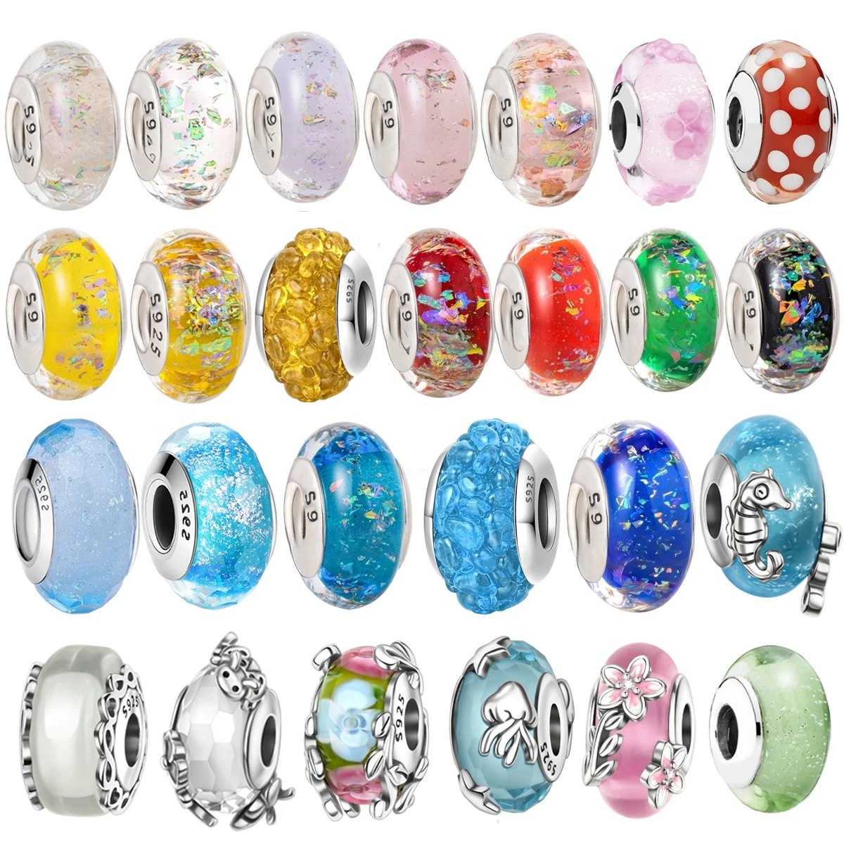 

New 925 Sterling Silver Seven Rainbow Starfish Flower Glass Beads fit Original DIY Bracelets Necklaces Women's Jewelry Gifts