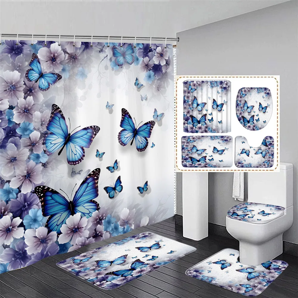 

Floral Blue Butterfly Shower Curtain Set Purple Flowers Plant Butterflies Pattern Home Bathroom Decor Bath Mats Toilet Lid Cover