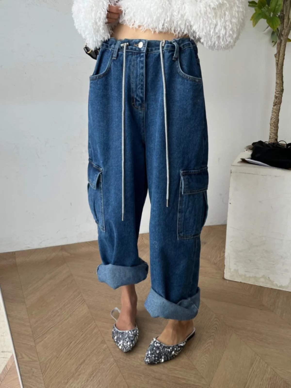 Cool Versatile High Waist Dstring Denim Workwear Pants Women's Wide Leg Long Trousers with Big kets Trendy Deep Blue