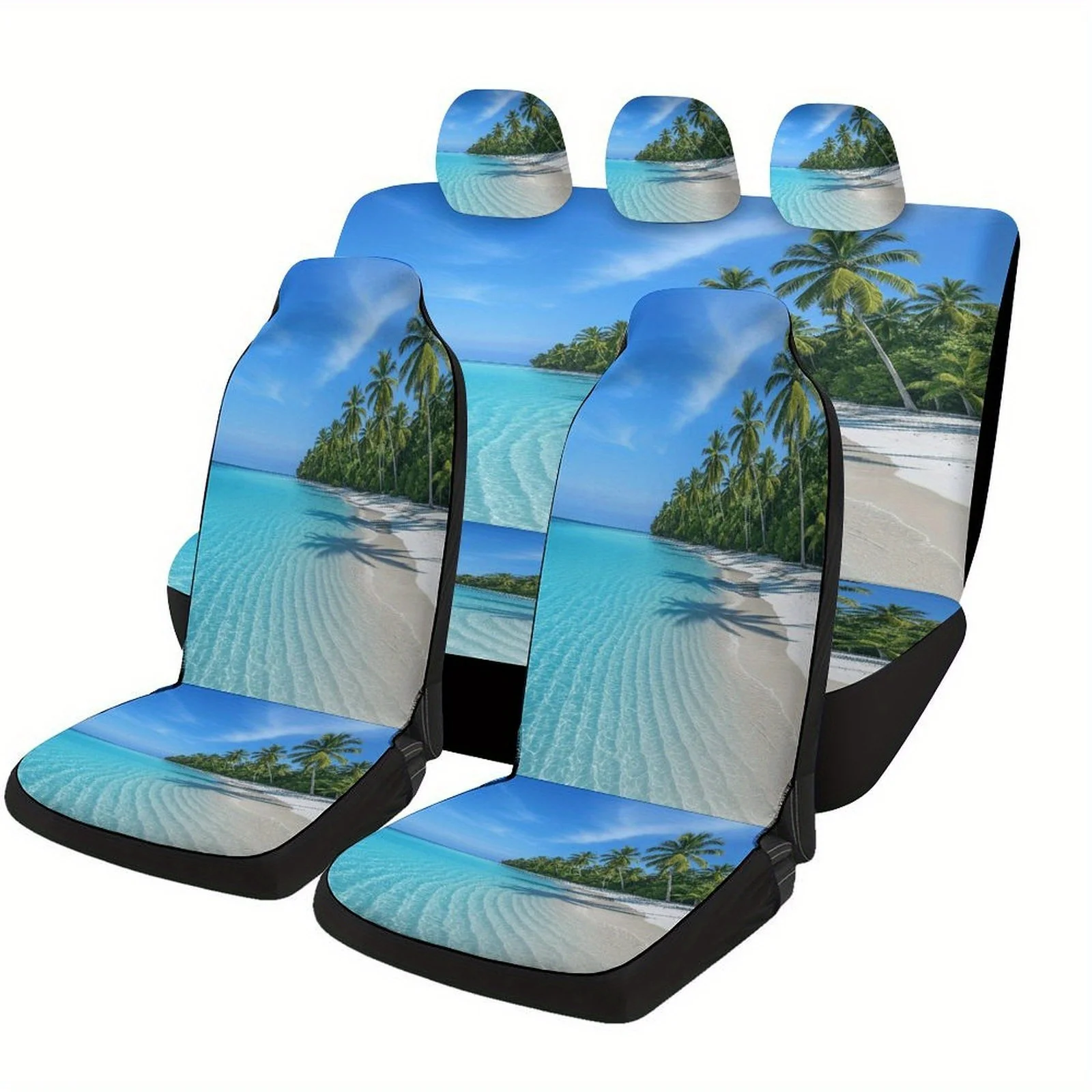 Tropical Paradise Beach Designed Car Seat Covers Set For Most Cars, Trendy Novelty Decorative Car Seat Protector Covers Full Set
