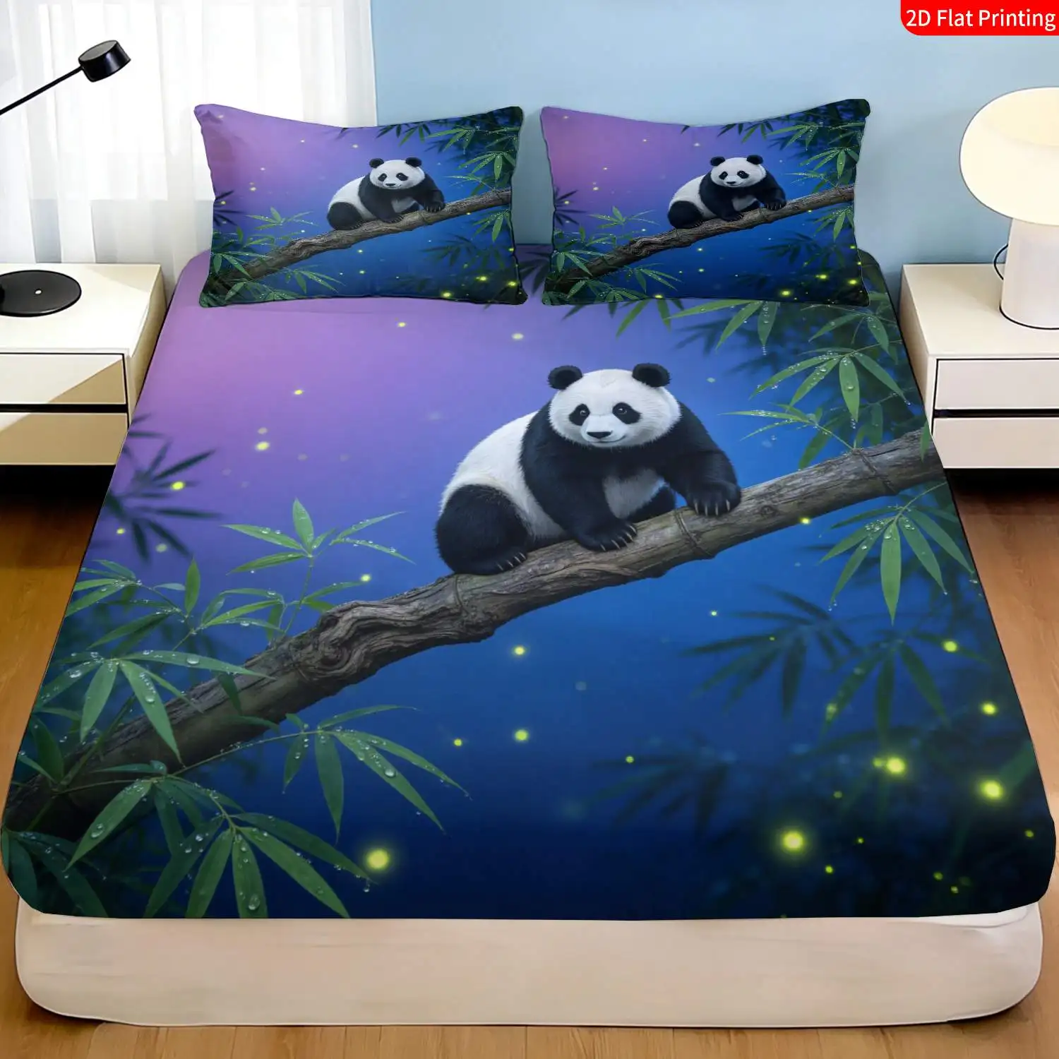 3-Piece Mattress Protector Set, 2D Flat Printed Fitted Sheet, Dreamy Panda Bedding, Bamboo Branches and Fireflies Holiday Fitted Sheet and Pillowcase, Mattress Protector, Stain-Resistant, Mattress Cover, Suitable for All Seasons, Machine Washable, Easy to Care For, Suitable for Home Bedroom, Essential for Dormitories and Rentals, Master Bedroom and Guest Room Decoration, Dust-Proof and Stain-Resistant, High Elasticity, Fits Various Sizes
