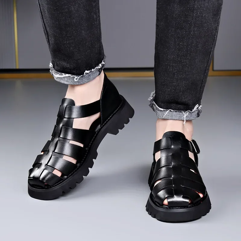 Cow Leather Men\'s Sandals Big Size Fashion Casual New Designer Increase Hallow Out Roman Shoes Male Black Platform Sandals Man