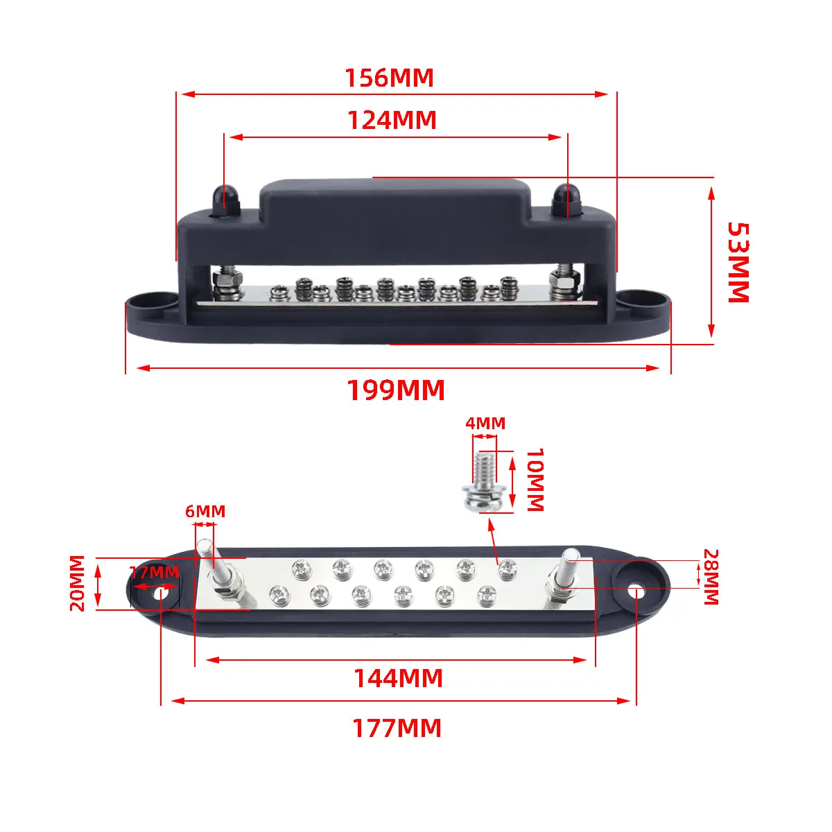 250A 12-24V M6 Red/Black 14-Way Busbar Terminal Block