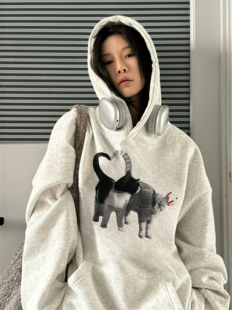 Plus Size Amerikaanse Retro Print Hoodie Dames Thiened Fce Jaet Lazy Sle Buitenkleding Lente Herfst Winter Casual St...