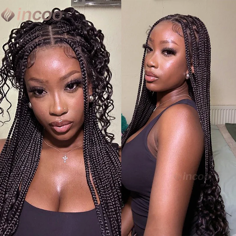 28 Inch Synthetic Knotless Box Braided Wigs French Curly Braided Lace Front Wigs for Black Women Full Lace Square Part Baby Hair