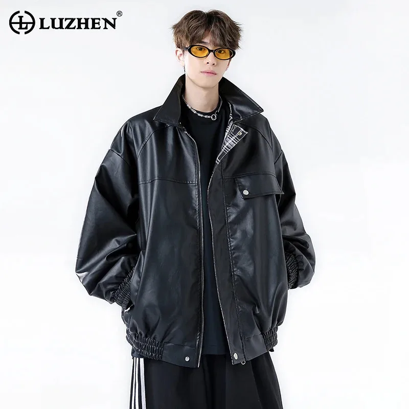 

LUZHEN 2025 Autumn New Korean Fashion Double-sided Plaid Printed Loose Leather Jacket Men's High Quality Handsome Clothes JY3769
