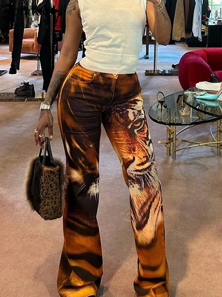 Totatoop Tiger Print Fashion Flare Pants For Women 2024 Auutmm Summer High Waist Slim Trousers Casual Streetwear