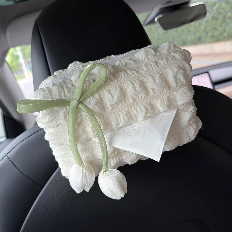 Car Tulip Puff Tissue Box Car Creative Paper Box Tissue Hanging Bag Armrest Box Car Interior Decoration