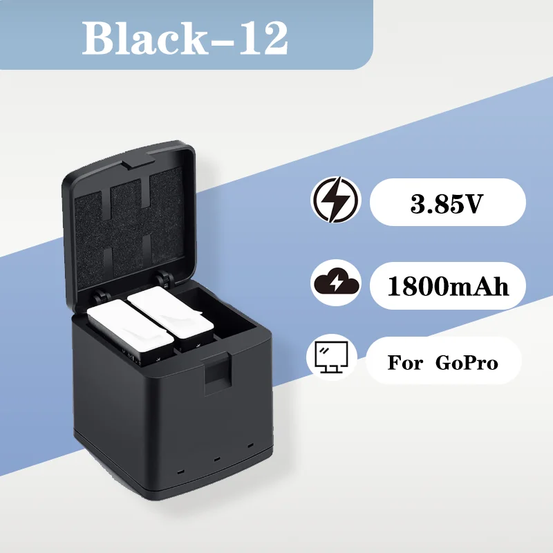 

Набор из 2 аккумуляторов для камеры высокой емкости и зарядного устройства, 1800 мАч, 3.85 В, 3-канальное зарядное устройство для GoPro 12