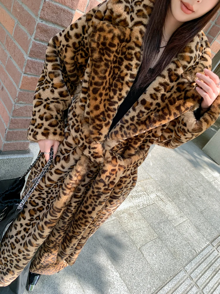 Original Design Female Leopard Print Faux Fur Coat Lady Lapel Long Jacket with Belted Streetwear Women\'s Winter Coats Promotion