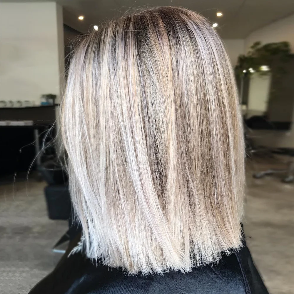 Ash Platinum Blonde HD Synthetic Lace Front Wig Balayage Blonde 12'' Bob Cut Wig High Heat Straight Fibre Gift Wig For Summer