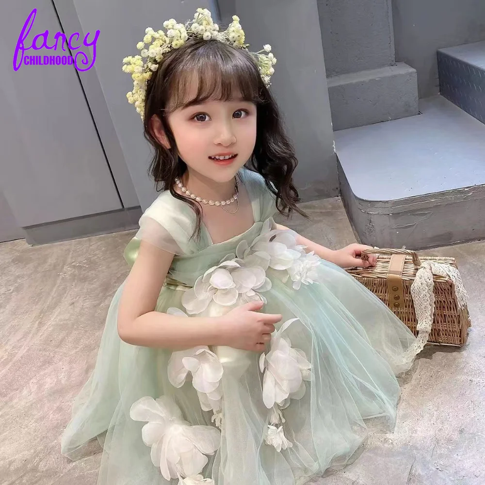 2023 Kids Tutu Birthday Princess Party Wear Lace Sage Green Girl Dress Children Bridesmaid Elegant Dress for Baby Girls Clothes