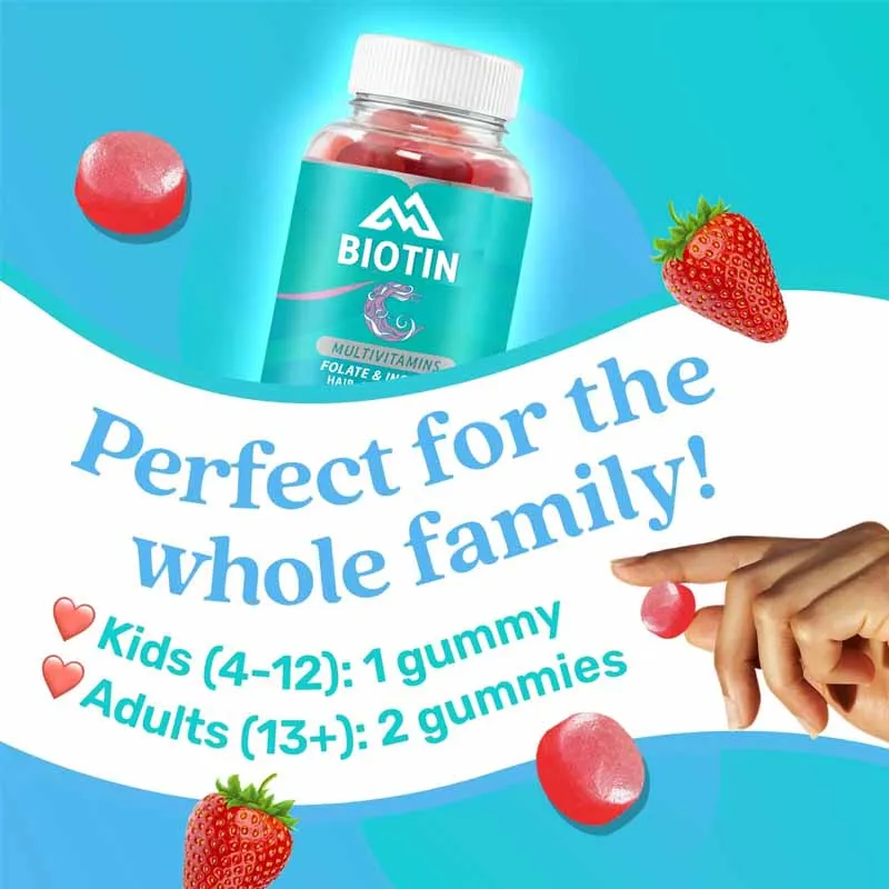 

Biotin gummies contain a variety of vitamins, folate, inositol for hair growth, healthy skin, and strawberry flavors for nails