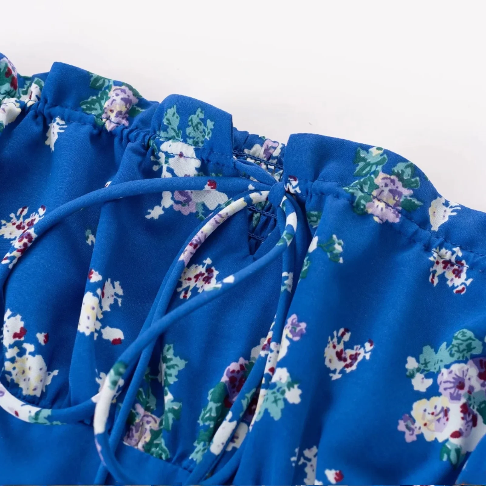 Americano retro gola quadrada dstring bolha sve férias topo azul floral ort sve irt verão doce sle fino ajuste