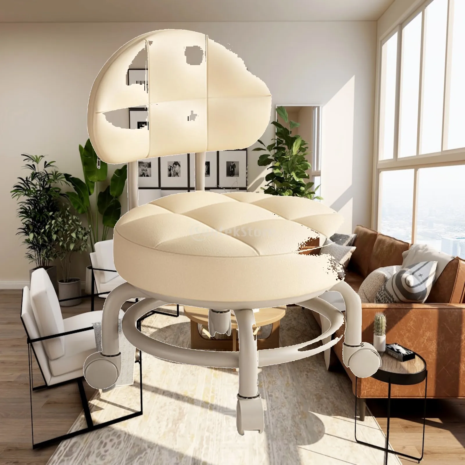Rolling Stool Pulley Stool Makeup PU Leather Shoe Changing Cleaning Pedicure Stool for Salon Home Office Library Garage