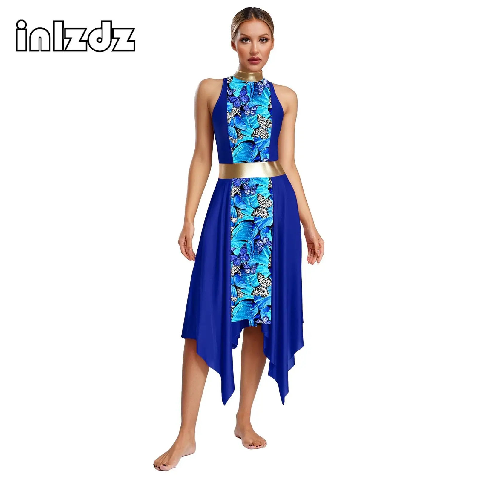 

Womens Worship Praise Dress Sleeveless Back Hollow Out Print Patchwork Irregular Hem Dress Lyrical Dance Performances Dress