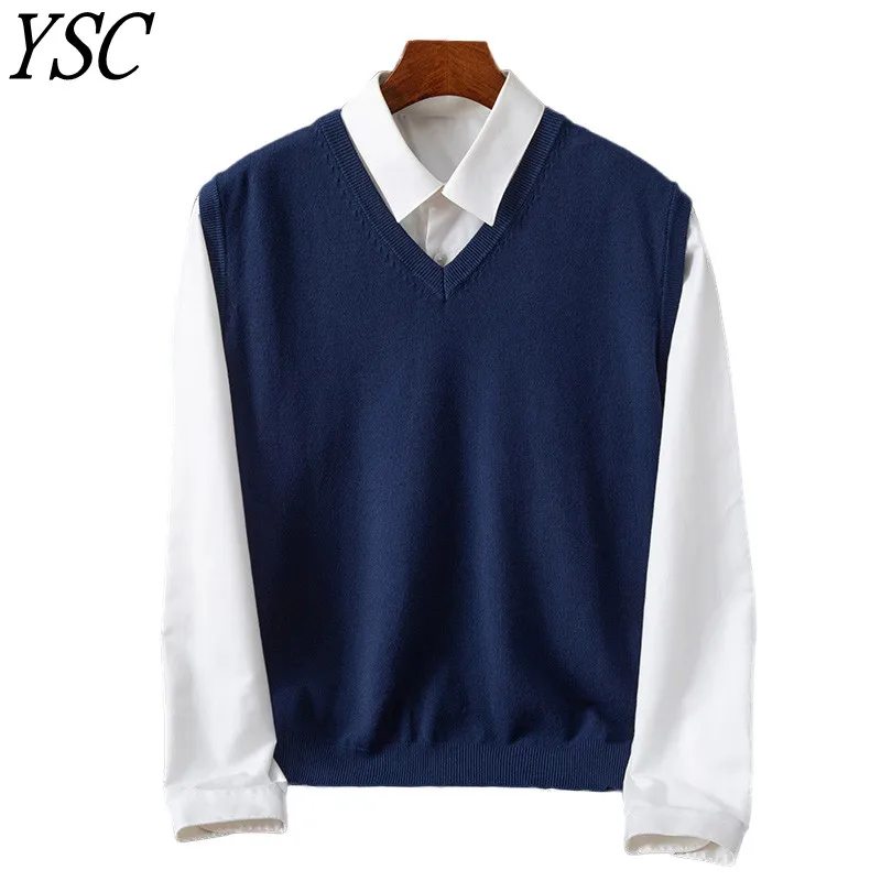 

YSC 2023 new style man knitting Cashmere wool blend vest V collar Loose style solid color High-quality soft keep warm Vest