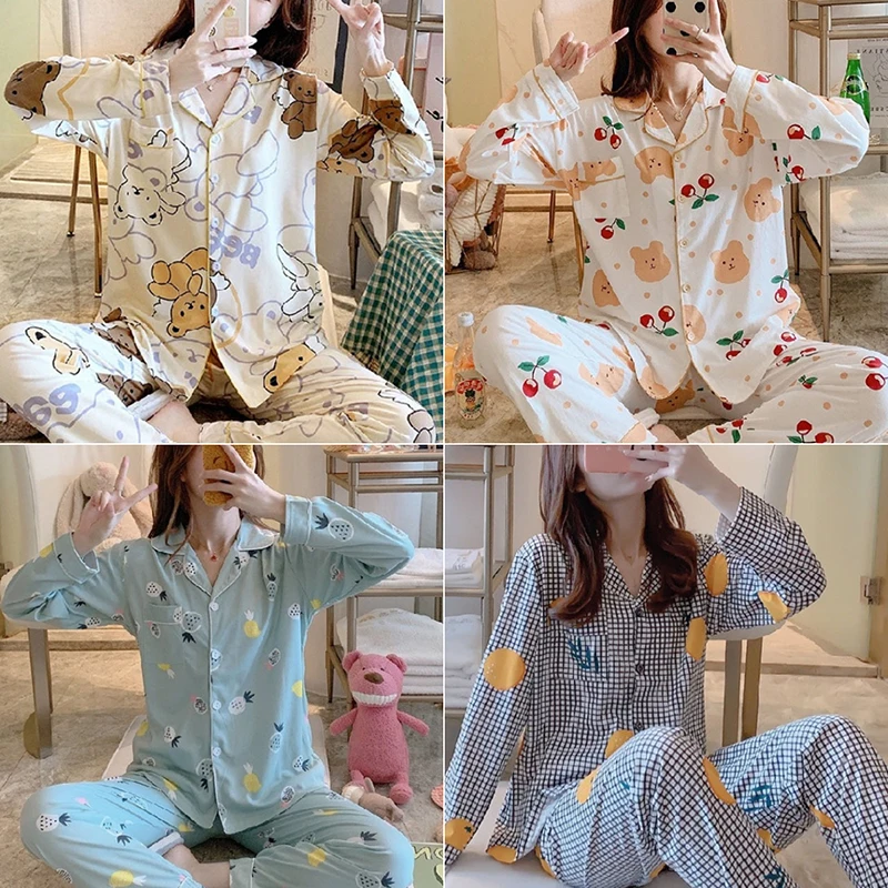 Summer and Autumn Pajamas Women\'s Long-Sleeved Trousers Cotton Cardigan Set Large Size Loose Student Pajamas Cartoon Long-Sleeve