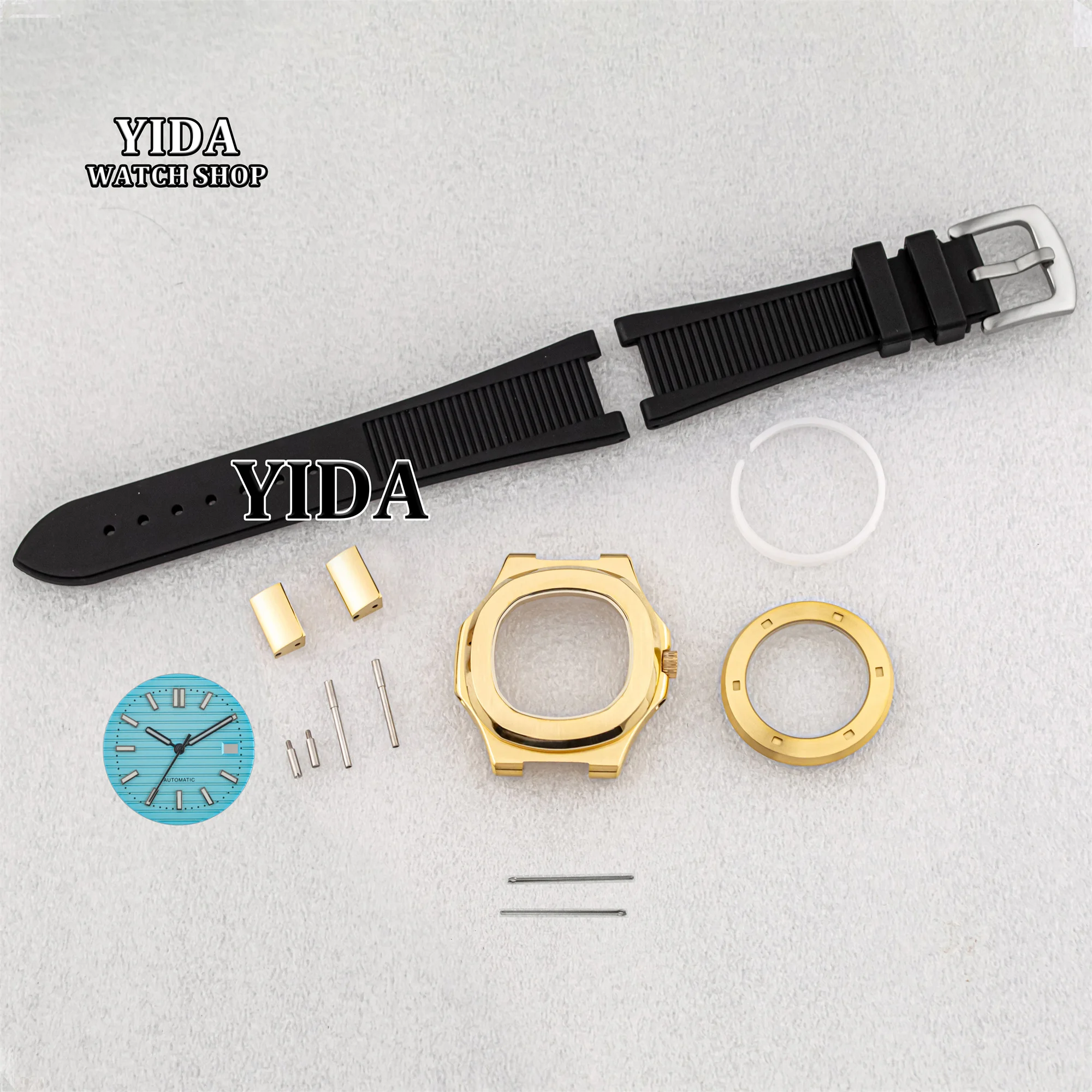 

41mm NH35 Case Rubber Band Stainless Steel Gold Watch Case Green Luminous Dial Hands 10ATM Waterproof Fit Nautilus NH35 Movement