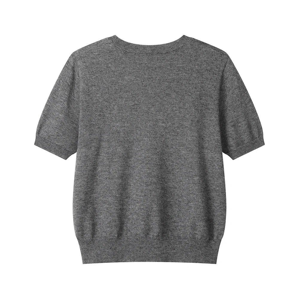 Women Grey Knitted T-Shirt Early Autumn High Quality Casual Crew Neck Knit Short Sleeve Top Women Clothing