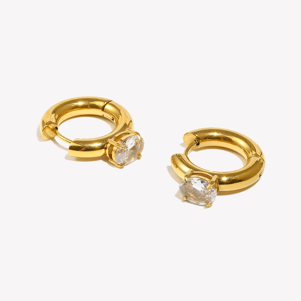 Classcial Thick Chunky Gold Plated Round Hoop Earrings For Woman Stainless Steel Waterproof Oval Zircon Crystal Earring