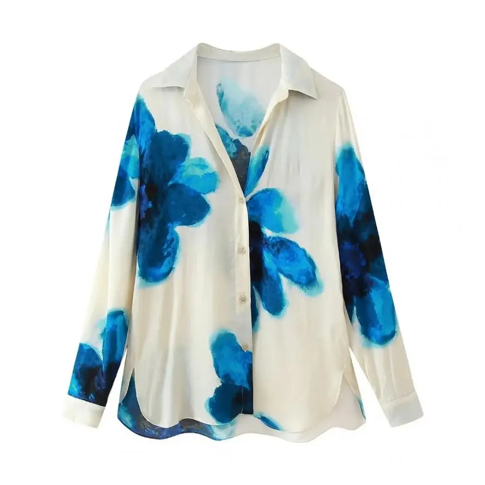 Dames Casual Lange Mouw Button Down Shirt Mode Printing Kantoor Effen Blouses Lente Ruche Zoom Lange Mouw Blouses